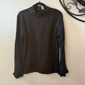 Berek Women's Black Beaded Neck Flared Sleeve Knit Top Evening‎ Glam L